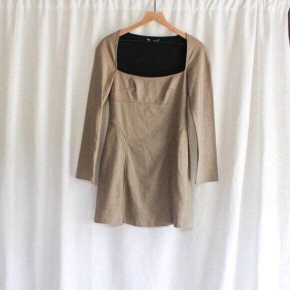 NWOT Zara Blogger Favorite Square Neck Houndstooth Long Sleeve Mini Dress Medium - Picture 3 of 9